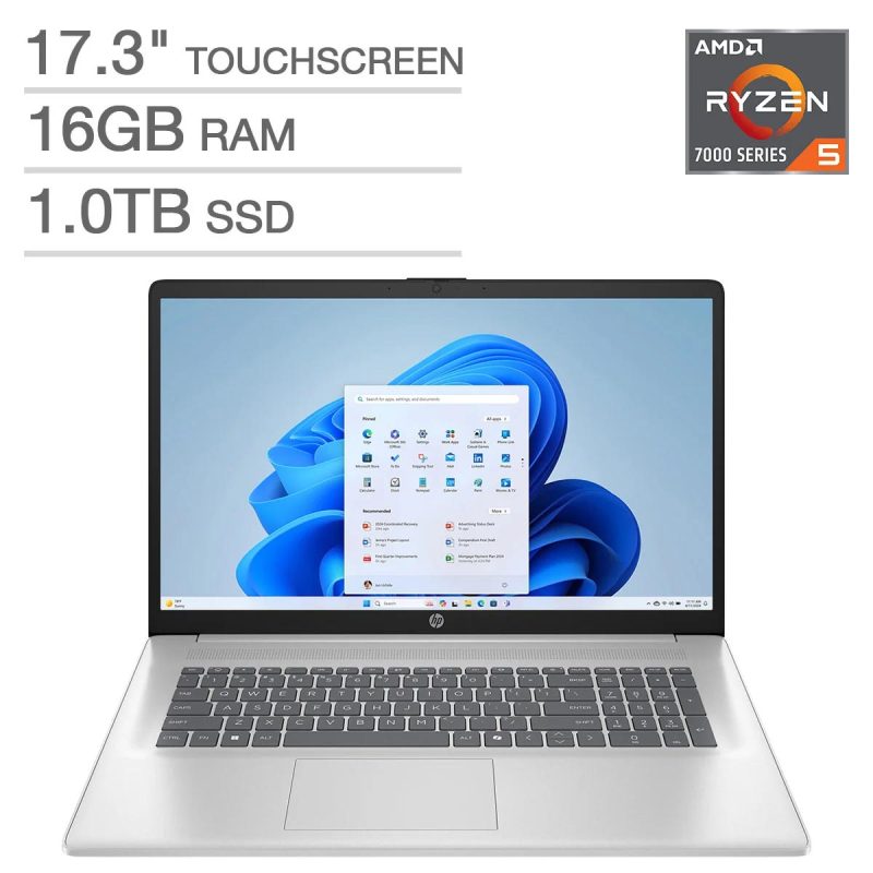 HP Touch Screen Laptop, 17.3'' HD+ LED Touchscreen Business and Student Laptop Computer, Windows 11 Home Laptop 16GB RAM 1TB SSD, AMD Ryzen 5 7430U Processor, Numeric Keypad, Camera Privacy Shutter, Silver